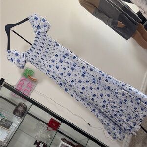 Caroline Constas White and Blue Floral Puff-Sleeve Maxi Dress